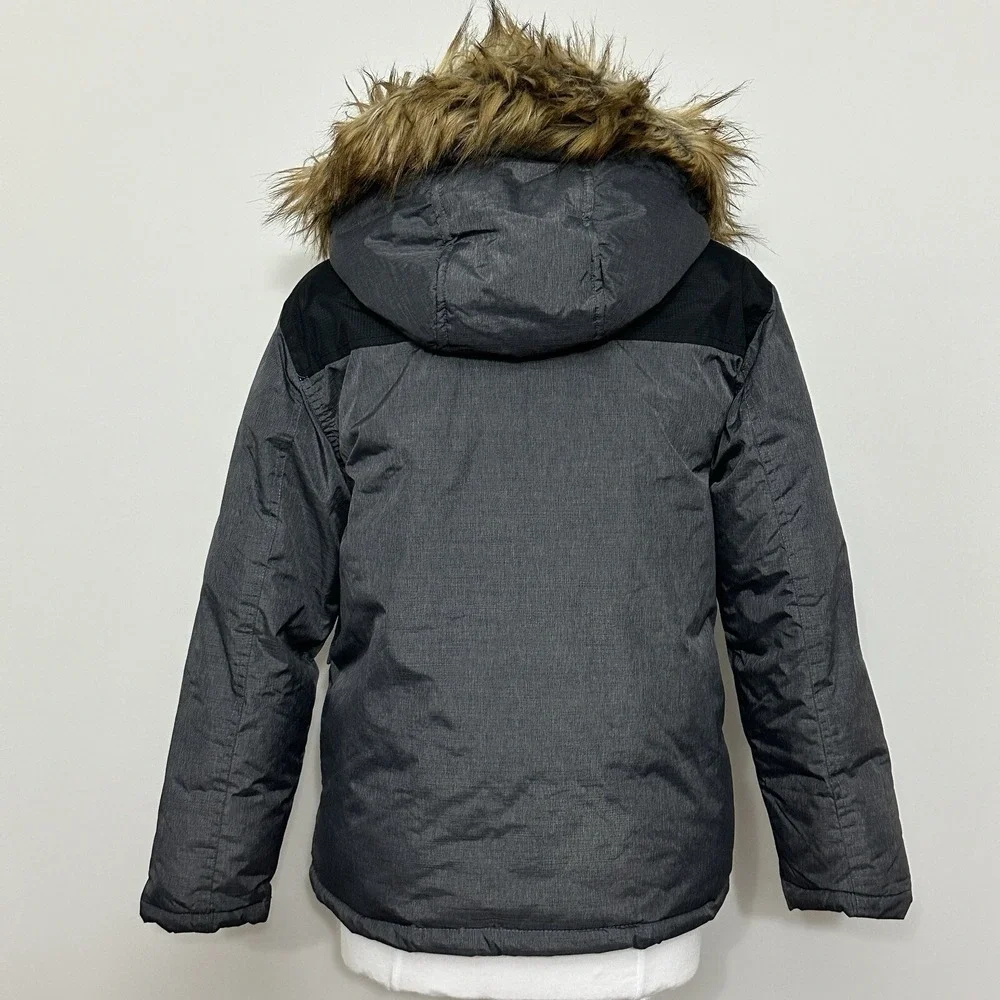 English Laundry Womens Jacket L Charcoal Gray Puffer Hooded Faux Fur Parka READ